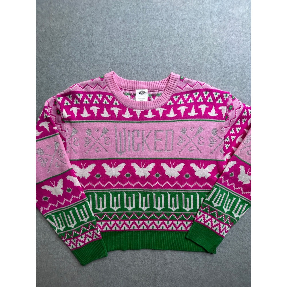 Wicked Movie Glinda Pink Green Fair Isle Holiday Sweater XL 14/16 Universal-NEW
